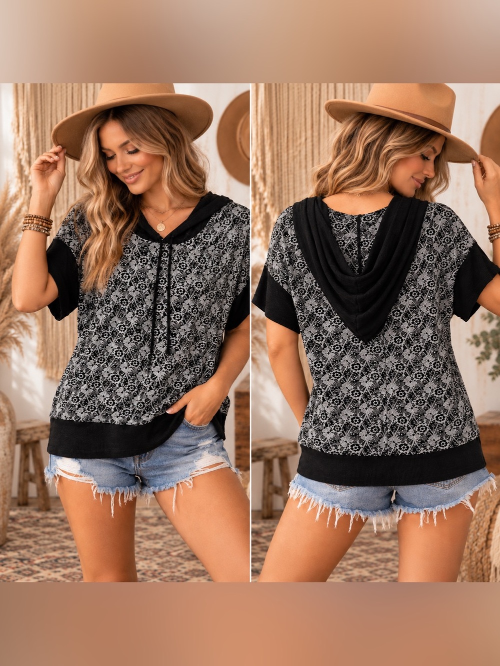 BKE Black & Gray Short-Sleeve Hooded Knit Top
